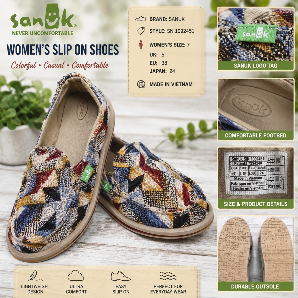 Sanuk Womens Slip On Shoes 1094451 Colorful Geometric Tapestry Loafers Size 7